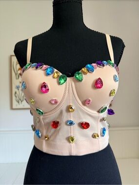 Embellished Longline Bustier in Nude with Multicolor Gems